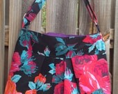 Hobo Purse Cross Body Pleated Bag Zipper Closure and Adjustable Strap  - Red, Purple and Turquoise Flowers on Black