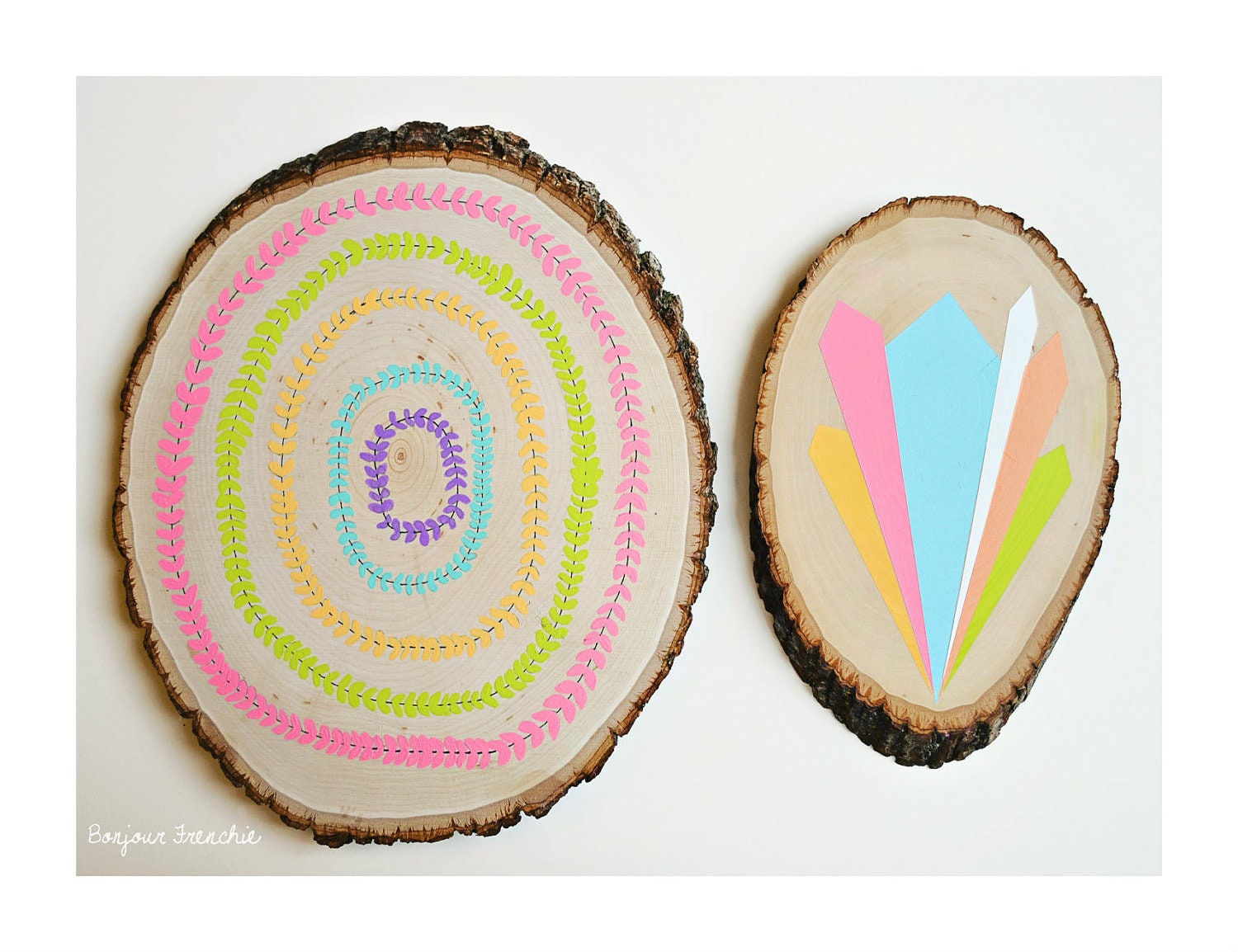 Paintings on Wood - Two Piece Collection - Boho Home Decor, Bohemian, Gypsy, Hippie, Colorful - Natural, Tree Slices, Neon, Pastel, Pattern