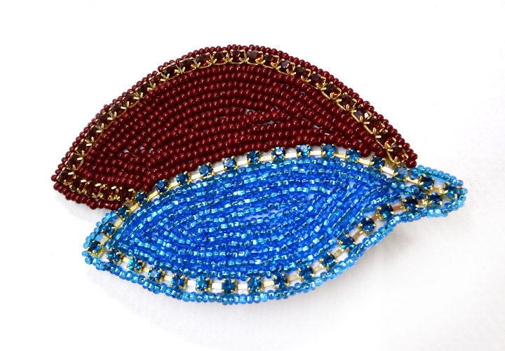 Blue and Brown Leaf Hair Clip - Beaded Hair Accessory