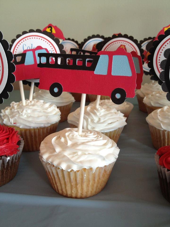 Firefighter Cupcake Toppers - Firetruck Party / Baby Shower  - set of 12 - customized firefighter to match your child