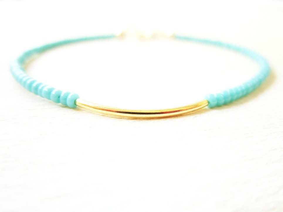 Pebble - gold bar - 14k gold filled - turquoise seed beads - tiny gold dash friendship bracelet - modern minimalist simple everyday jewelry