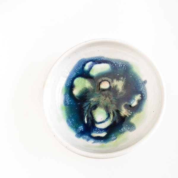 handmade ceramic bowl in white blue green and brown glazes unique