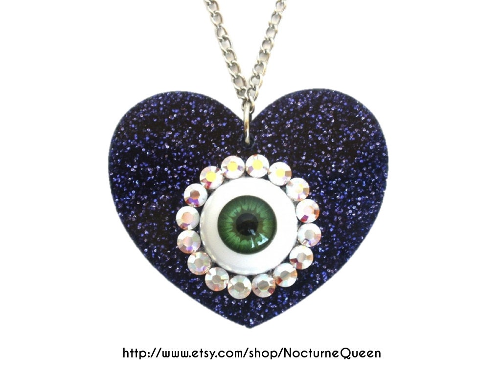 Green Eyeball Swarovski Glitter Violet Heart Acrylic Necklace