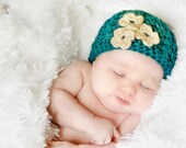 Handmade Teal Crocheted Baby Hat w/ Tan Flowers