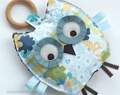 Lulu the Patchwork Owl Crinkle Toy comes with Detachable Organic Wood Teething Ring- Great Baby Girl Gift
