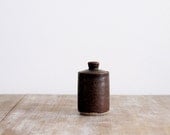 Vintage small brown glazed earthenware pot with lid