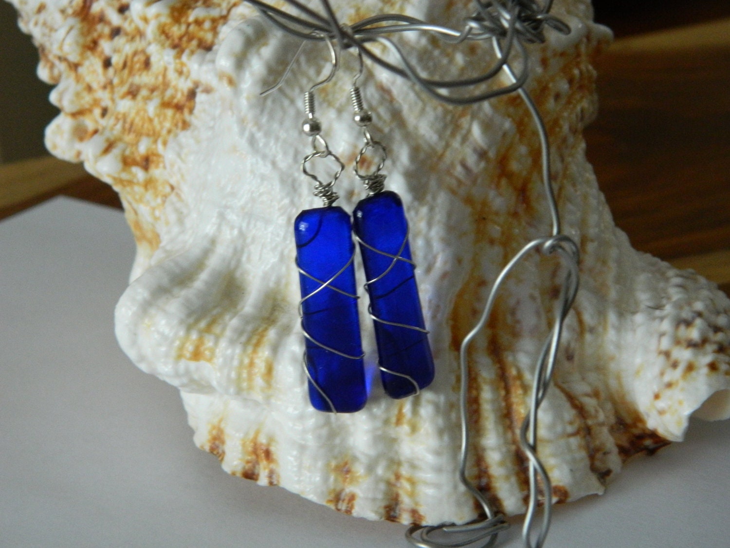 Fused GlassCobalt Blue Dangle Earrings Wire Wrapped