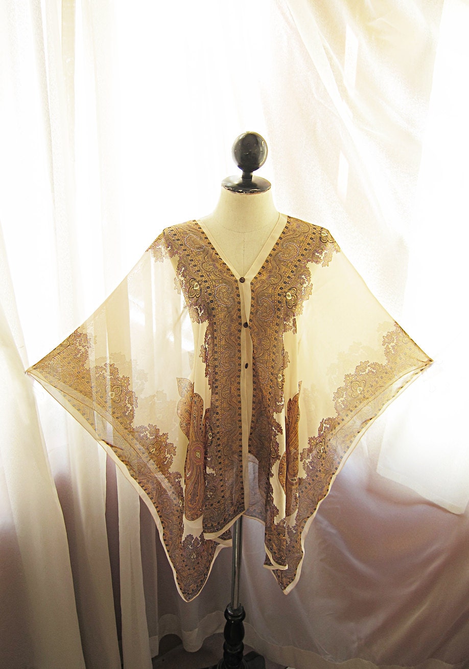 Ancient Indie Summer Sunset Mandarin Orange Cream Persian Paisley Poncho Kaftan Scarf Shawl Cover Up Butterfly Wings Sheer Chiffon Kaftan