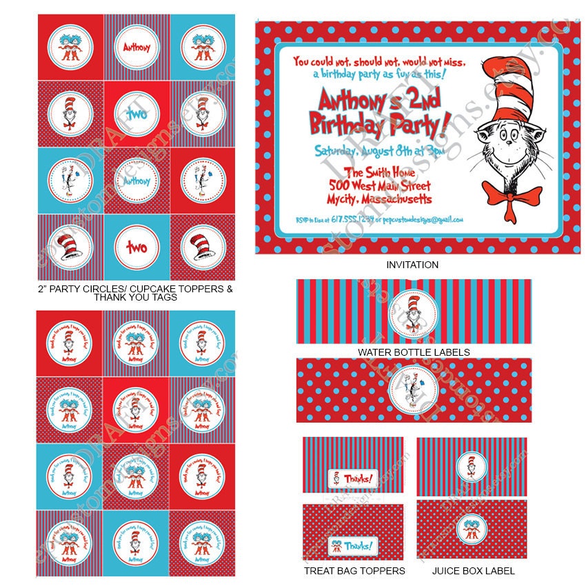 DIY -  Printable: Cat in the Hat Birthday Party Set -  14 items (invitation, party circles, water bottle labels, banner and more)