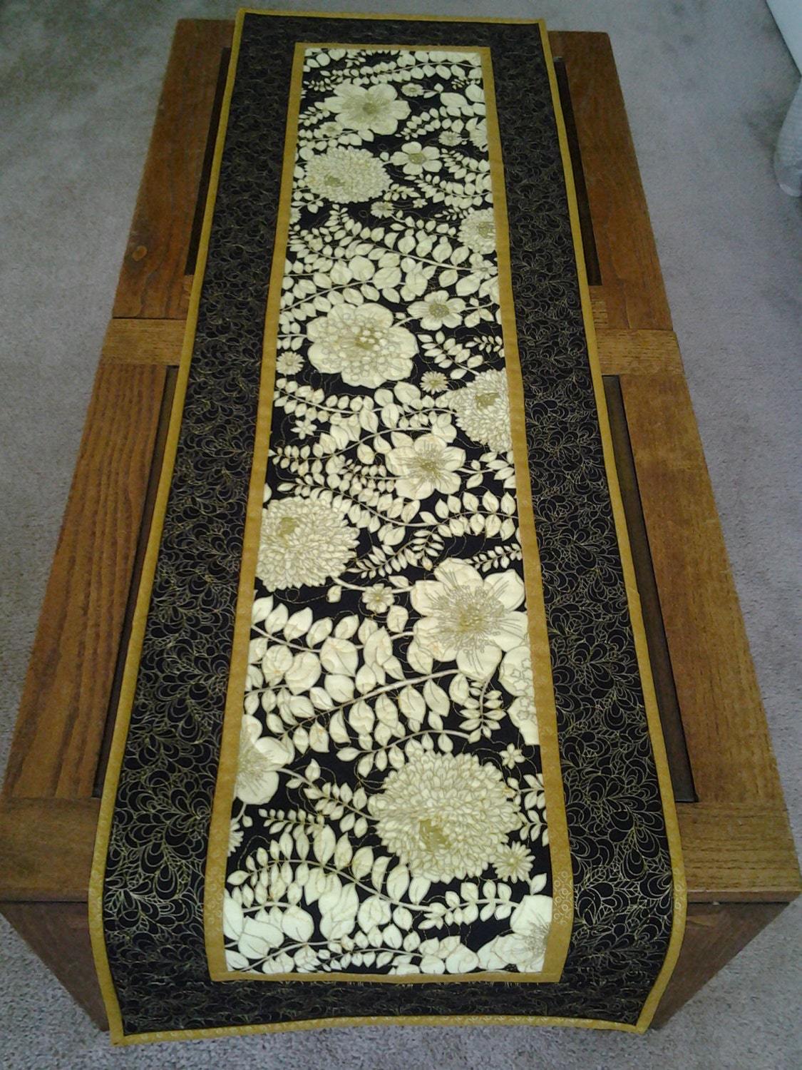 Elegant Table Runner with gorgeous floral with metallic in cream, black and gold