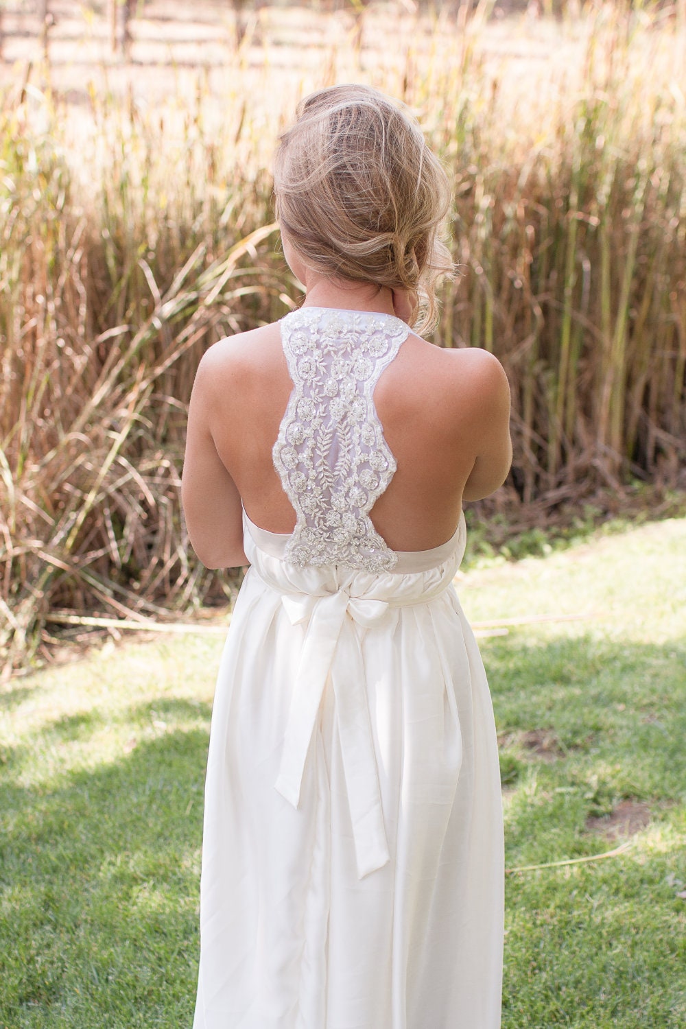 Wedding Dress Art Nouveau Romantic Racerback Beaded Back Sequin Silk -Lyron