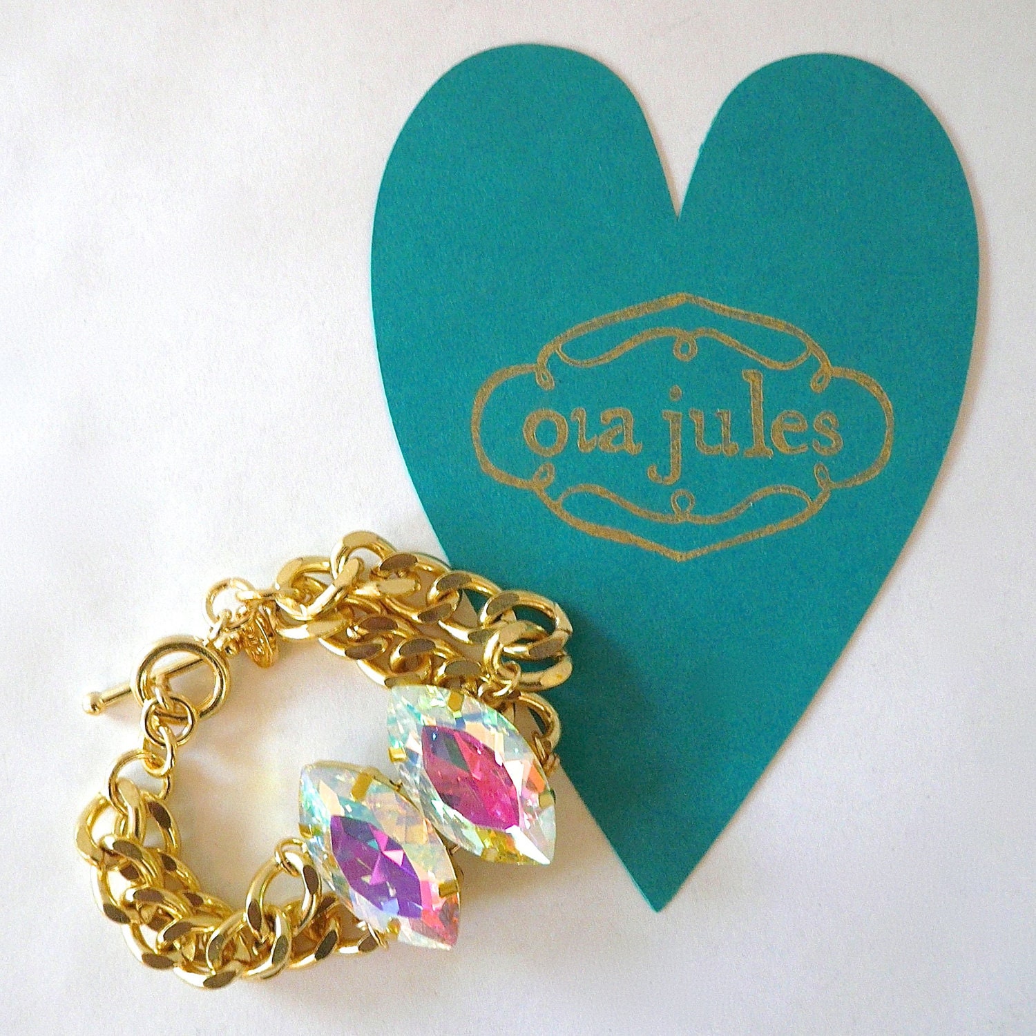 Aurora borealis crystal & gold curb chain bracelet