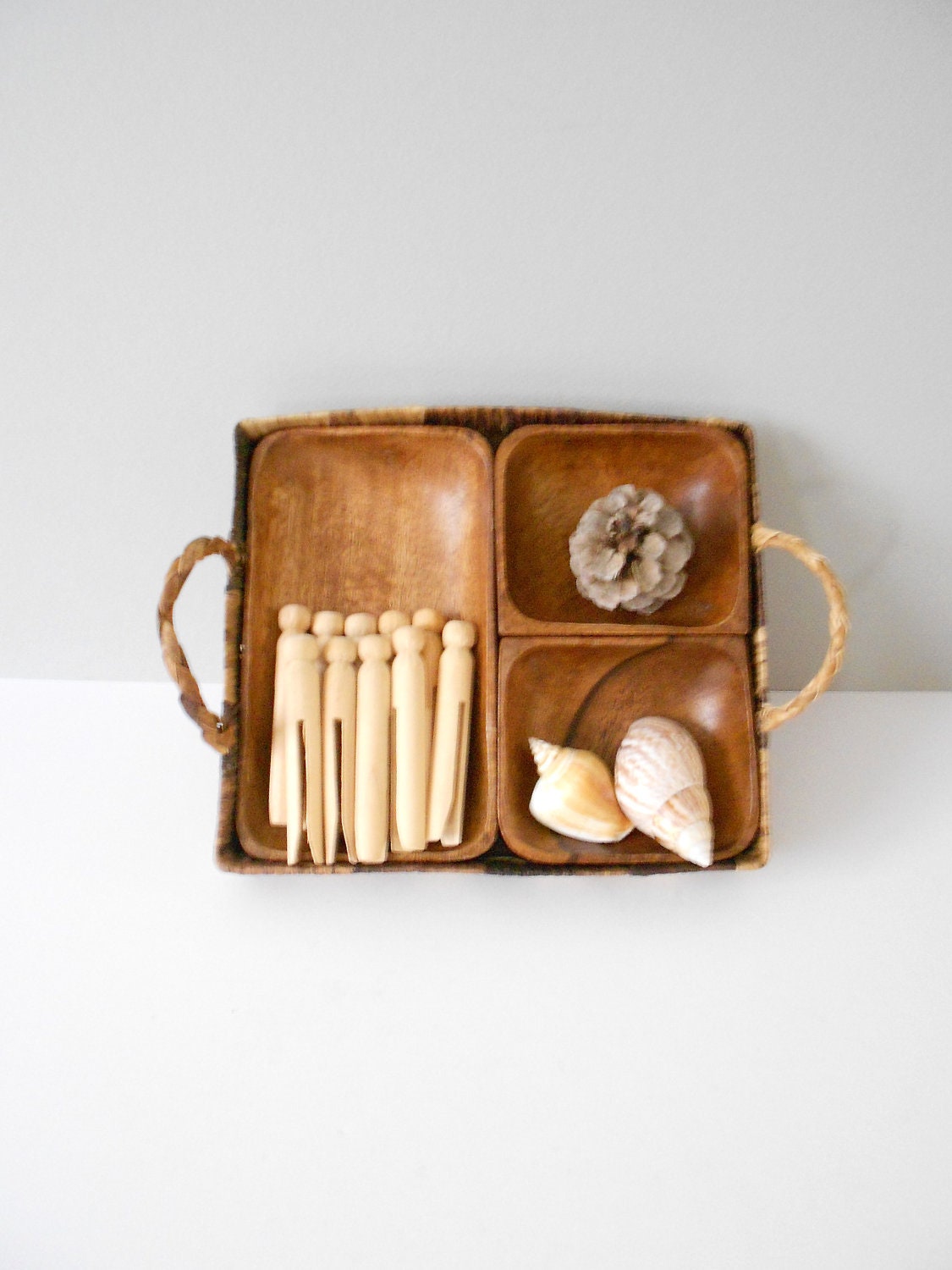 sale // mid century wooden teak basket tray