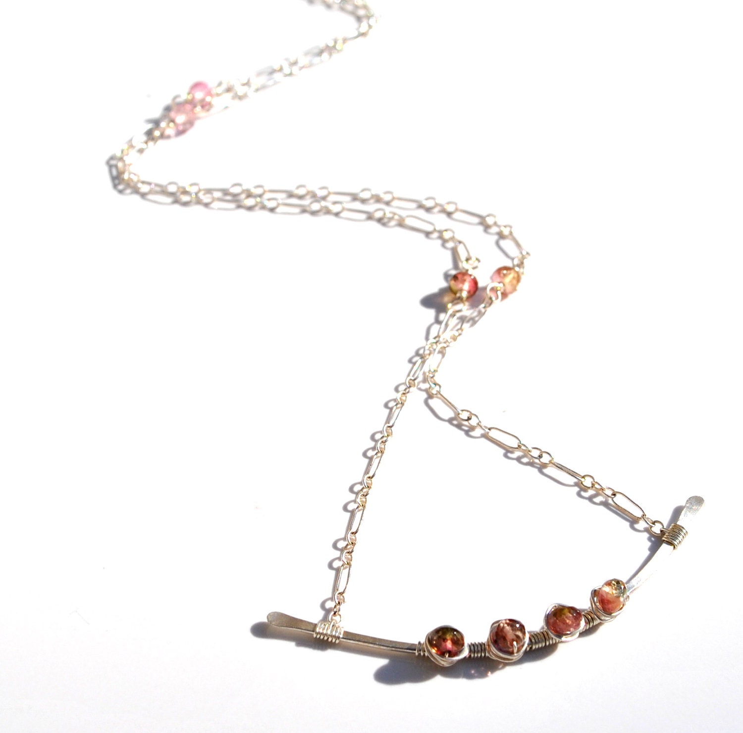 Watermelon Tourmaline Sterling Silver Curved Bar Necklace - Minimalist, Modern,  Fine Gemstone, Gift For Her, Spring Fashion
