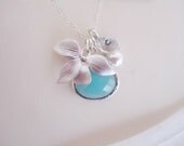 Aquamarine Necklace - Personalized Initial Charm , Orchid Charm, Customized Jewelry,  Mothers Necklace, Sister Jewelry,  Friendship Jewelry