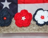 Set of Three Flower Hair Clips - 4th of July Star  - red, white, and blue with gem and button centers