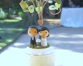 Custom Mini Kokeshi Wedding Cake Toppers with Leaves and Tree Initials Base w Pet