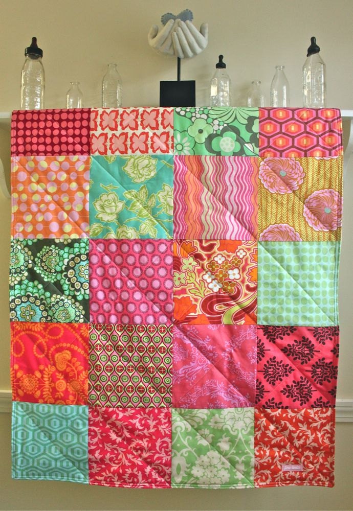 Baby Quilt - Sunny Summer - Blanket for Baby Girl in Pink, Turquoise, Orange, Yellow, Green