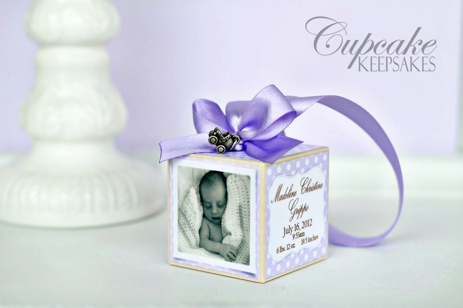 Personalized Photo Keepsake Lavender Polka Dots Birth Announcement Gift