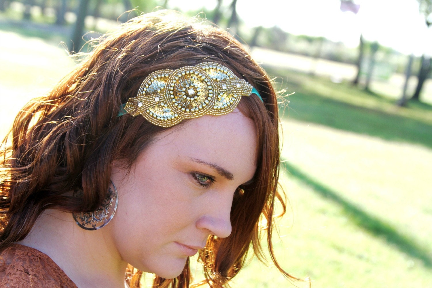Great Gatsby Headpiece Flapper 1920s Fascinator Art Deco Headband Gold Beaded with Ribbon Tie
