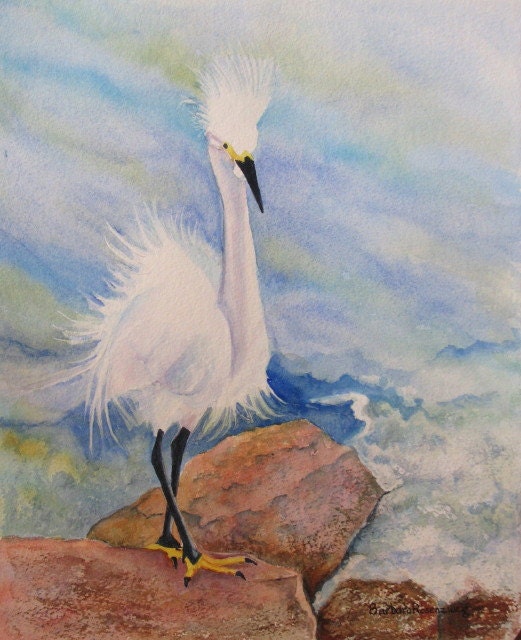 Original Snowy White Egret Bird Painting, Beach Art Seashore Ocean Wildlife Watercolor, Rocks Nature Lover, Barbara Rosenzweig, 11x14