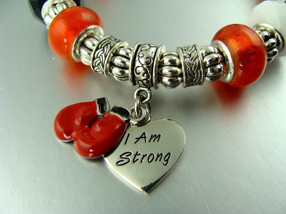 I AM STRONG with boxing gloves Stretch European bead Lampwork Charm Bracelets