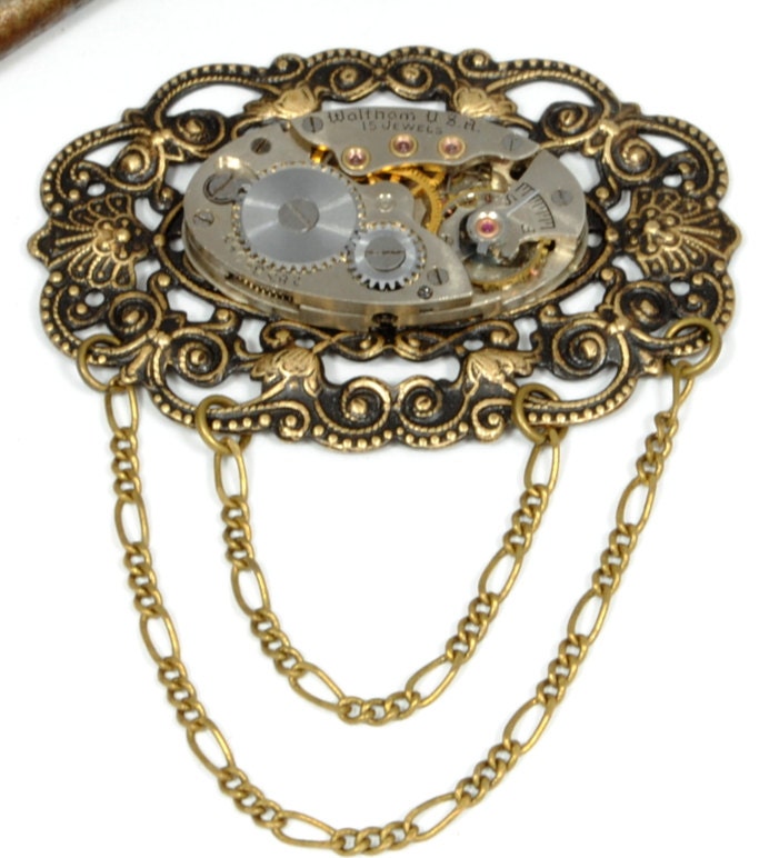 Steampunk Jewelry Pin Steam Punk Vintage Watch Brooch Pin Antique Brass Scarf Lapel Brooch Pin Steam Punk Jewelry by Victorian Curiosities