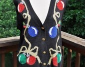 Ugly Christmas sweater vest sleeveless with  ornaments petite small red green