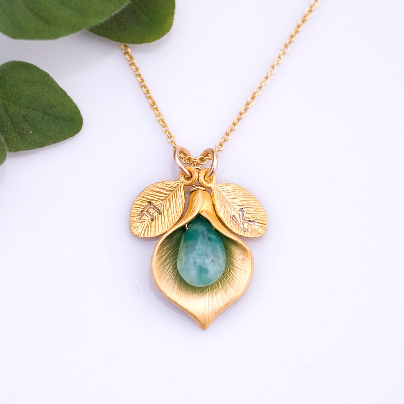 May Natural Raw Emerald Personalized Birthstone Necklace - Custom Initial Jewelry  - Personalized necklace - Calla Lilly Necklace