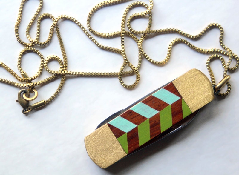 Vintage Pocket Knife Necklace with Hand Painted Chevron Stripe - Green and Blue