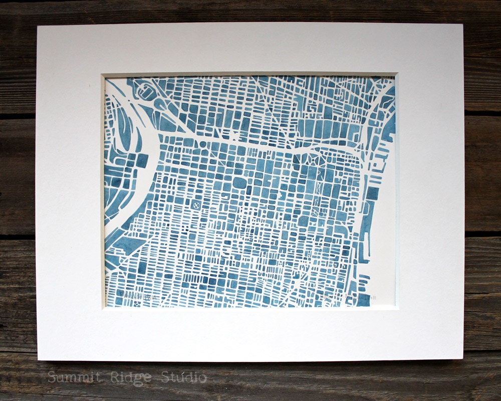 Philadelphia 8x10 Map Print Modern blueprint City Map ombre indigo