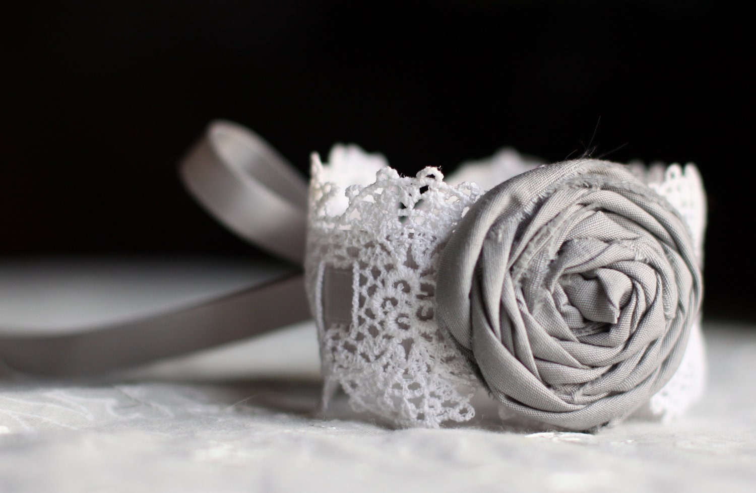 Vintage Lace Bracelet with Gray Rosette- Bridal Bracelet, Something Old,  Bridesmaid Bracelet, Prom Wrist Corsage, Lace Cuff