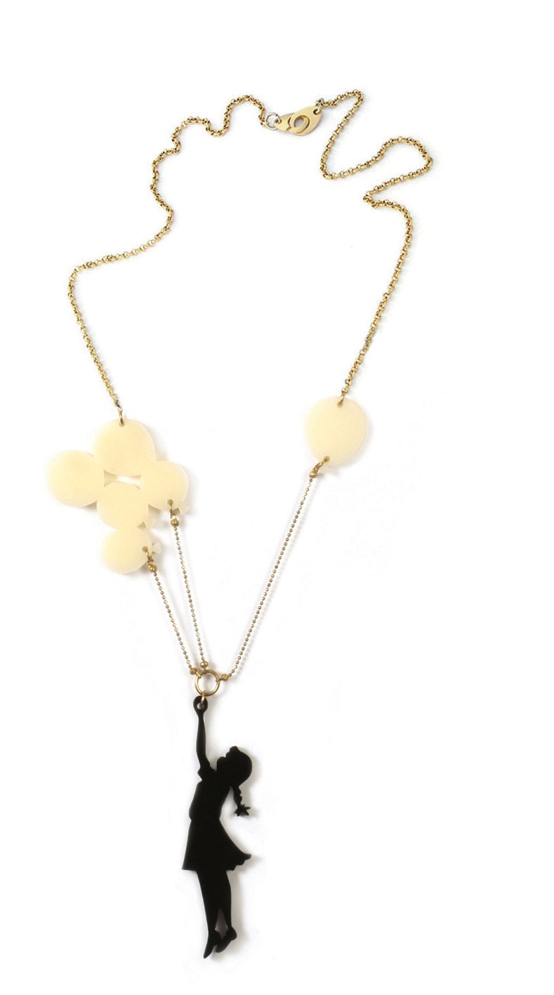 Girl with baloons, Cream & black plexiglass (perspex) necklace, gold plated chain