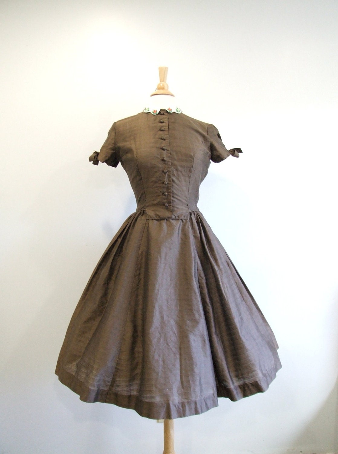 1950s Party Dress Vintage 50s Brown Full Skirt Dress - M