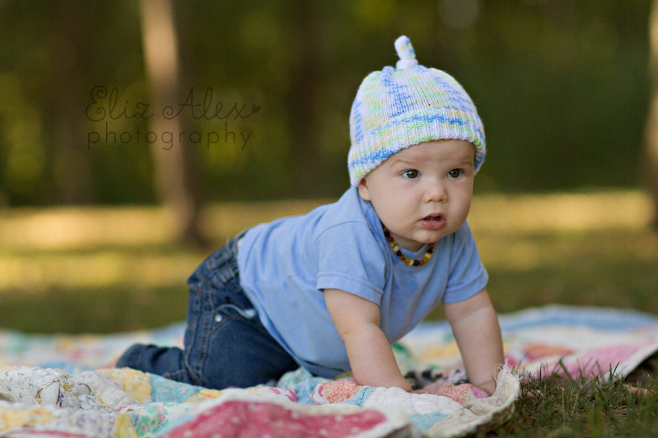 Knit Knot Hat, Blue Green Yellow White with Ribbed Brim, 12 Month to Small Child Size (Item 207)