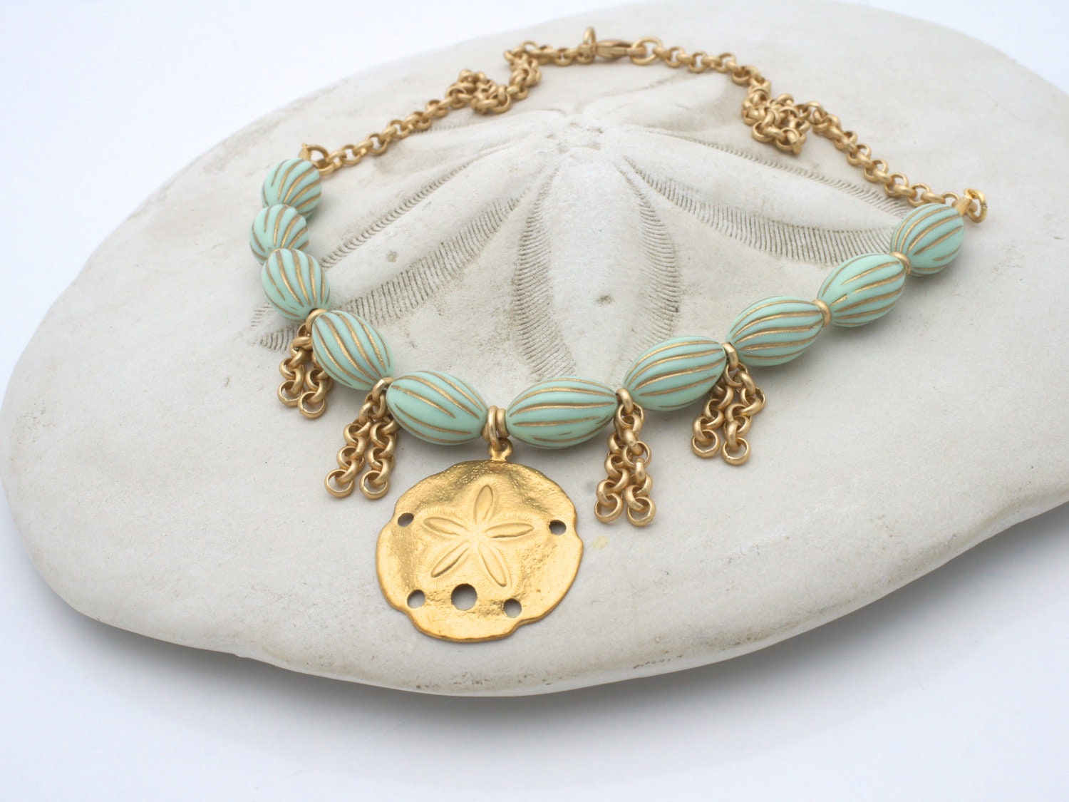 BEACH WEDDING JEWELRY, Mint and Gold Necklace, Bridal Gift by Cheydrea