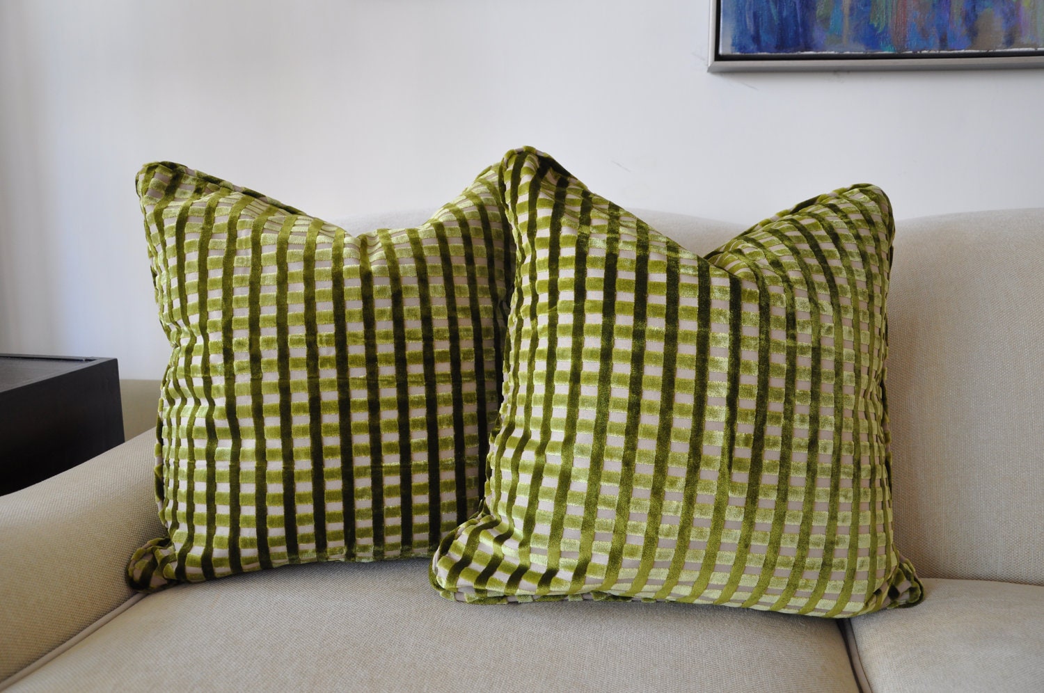 A Pair of Green Grass Cut Velvet Pillows