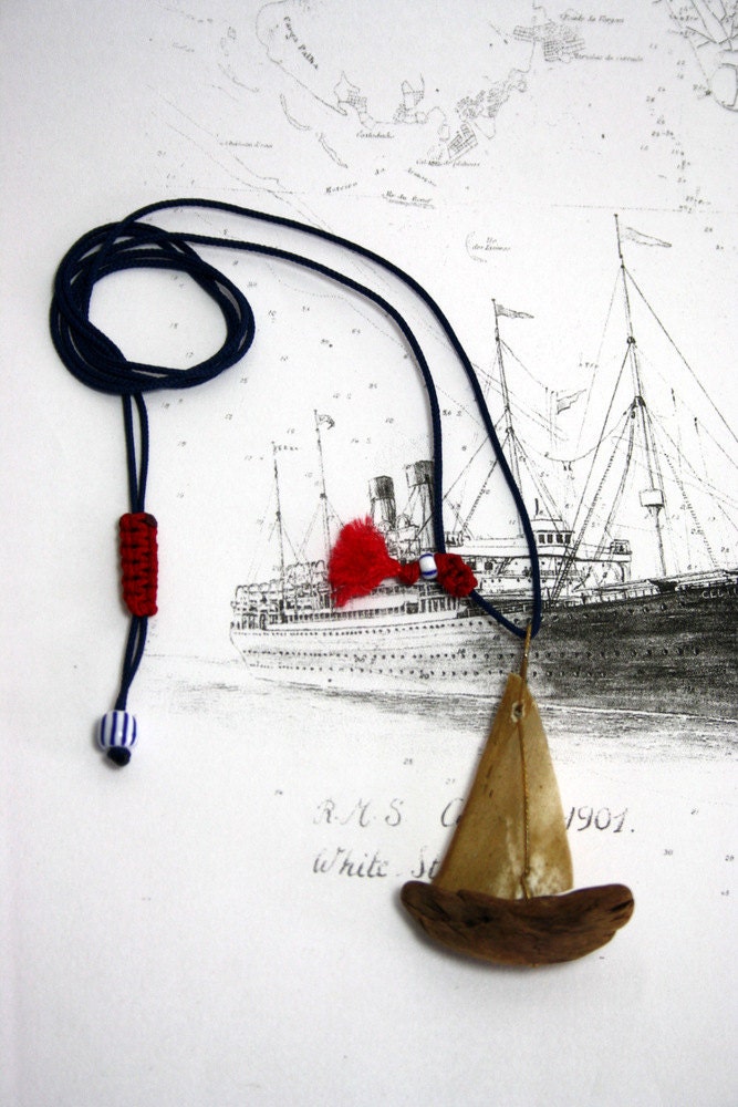 driftwood sailboat necklace with genuine parchment  with an adjustable macrame closure...nautical jewelry for sea lovers...