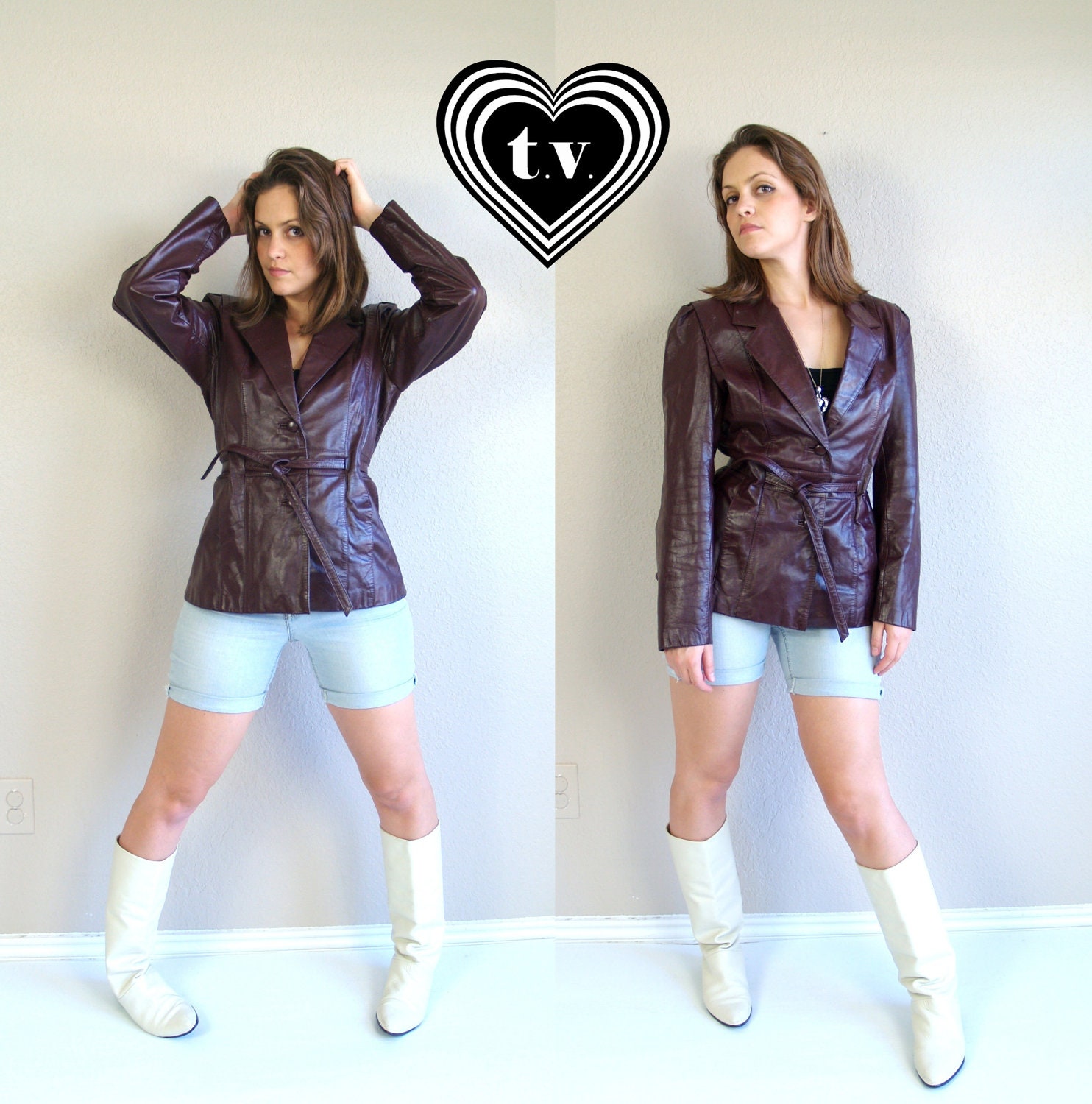 vtg 80s WINE LEATHER skinny belted JACKET fitted coat Med/Lg cafe racer boho outerwear