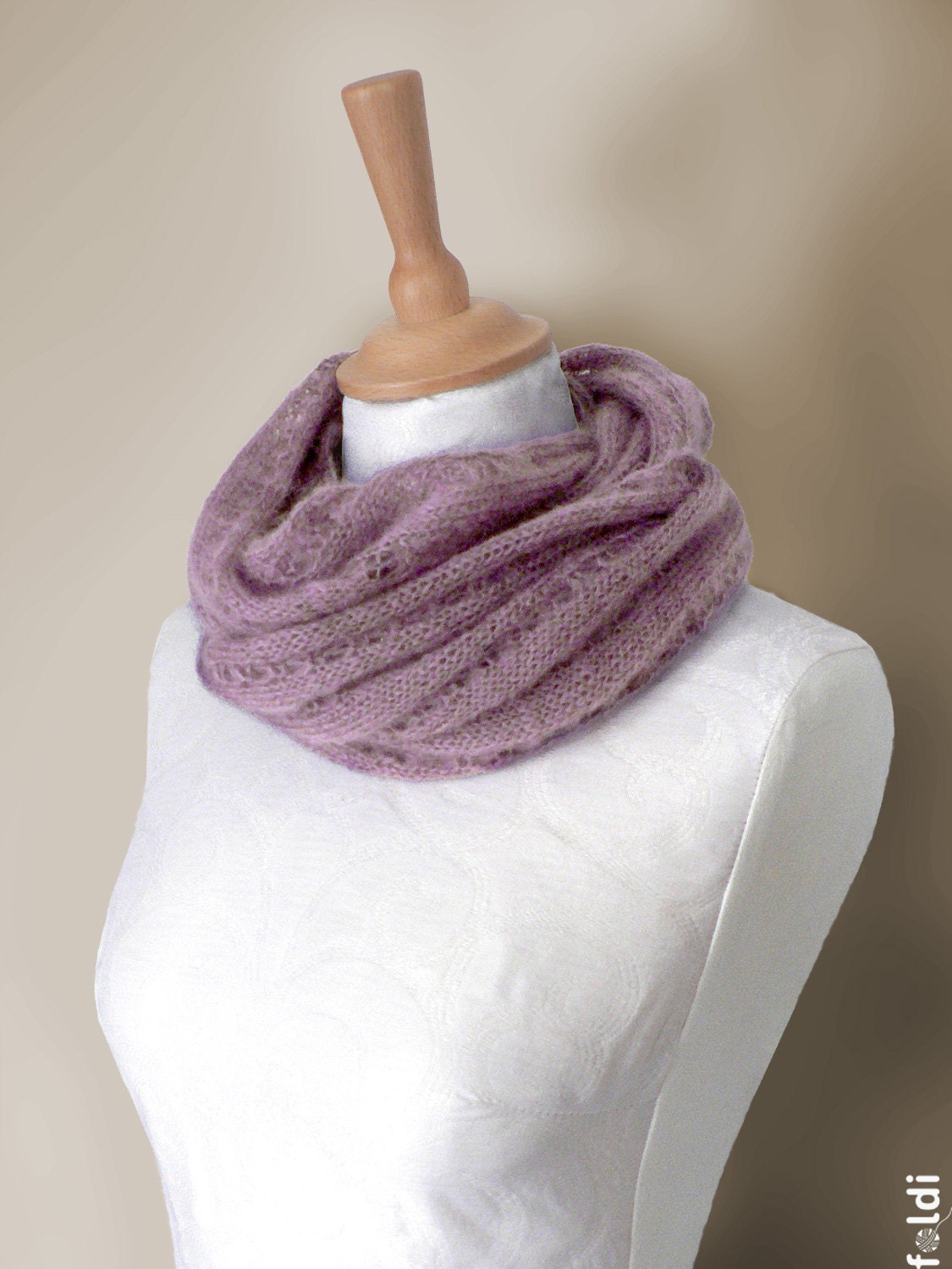 Knitted mohair cowl, snood in grey purple, mauve - foldi