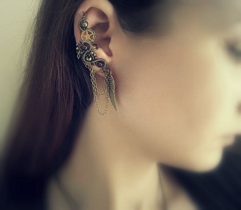 Steampunk Ear Cuff With Chains, Gemstones And Wing Charm