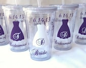 1 Tumbler for Bride and Bridesmaids, Wedding party acrylic glasses with lid and straw, Name date and title personalization plum purple