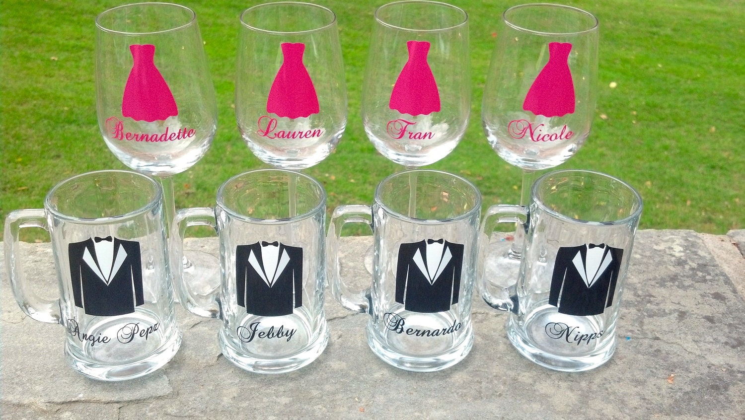 8 Wedding party wine glasses and beer mugs, Personalized Bridesmaids and Groomsmen glassware