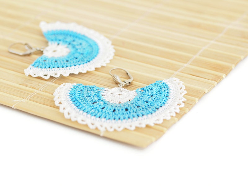 Crochet Bohemian Chic Dangle Earrings in White, Aqua Blue Varnished Hippie Boho Gypsy Style Jewelry Strip Semicircle Geometric