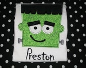 Frankie Frankenstien---Fun Halloween-- Appliqued Embroidered Shirt or Onesie--Trick or Treat Bag