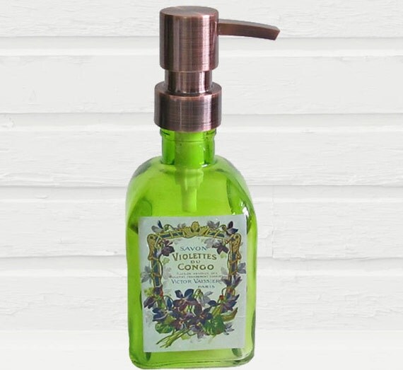 Green Glass Soap Dispenser Vintage French Violet by lovesoldstuff