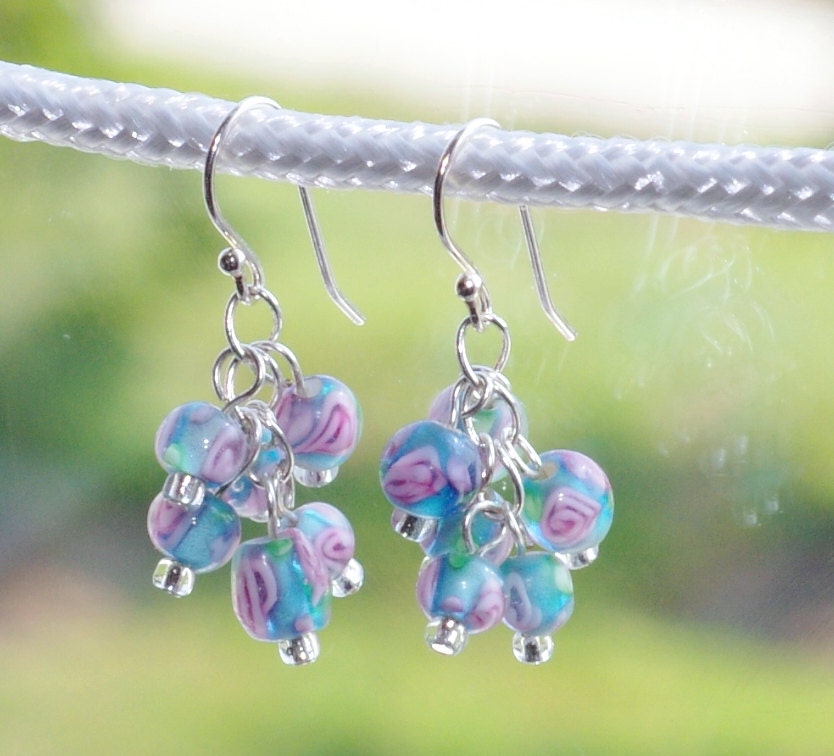 Floral blue lampwork bunched bead earrings