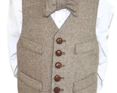 Boys Vest & Bowtie Set,  wool brown tweed, 100% cotton lined , formal wear, all sizes, toddler - youth, leather buttons, handmade, USA