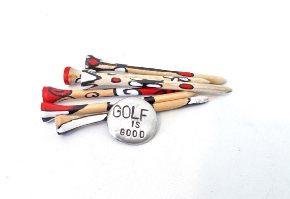 Golf ball markers for women - hand painted tees red white black