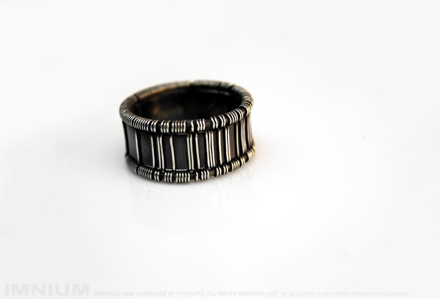 Mens ring size US10 industrial wirewrap sterling silver wide band dark metal bar code - IMNIUM